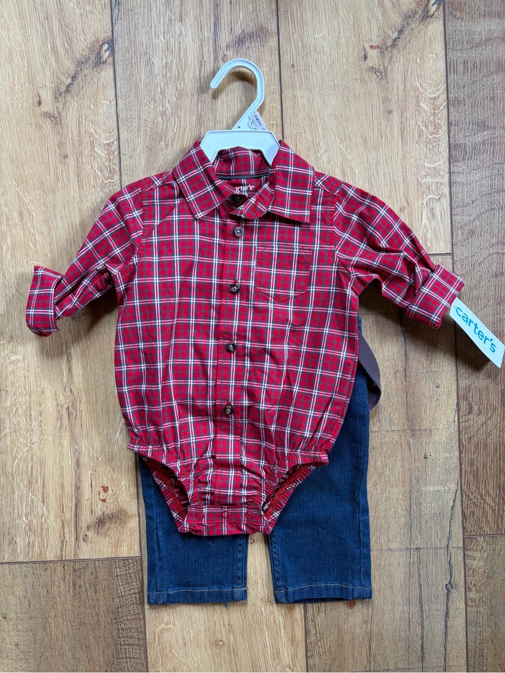 Carter's Red Plaid Button Down and Denim Suspenders Set